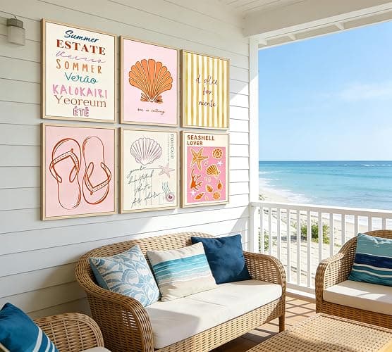 6 Pcs Coastal Style Poster Wall Art,Pink Orange Preppy Style Painting Picture Wall Decor,Beach Seashell and Starfish Canvas Print Artwork,for Bathroom Girl Room Dormitory Home Decoration Unframed thumbnail 2