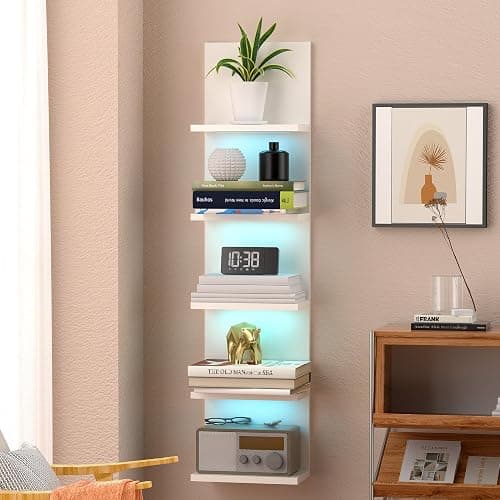 VIWODS 5-Tier Wall Shelf Unit with RGB Light, Floating Lack Shelf for Wall Storage, Wall Mounted Vertical Display Shelf for Bedroom Living Room Vanity, White - White - Image 1