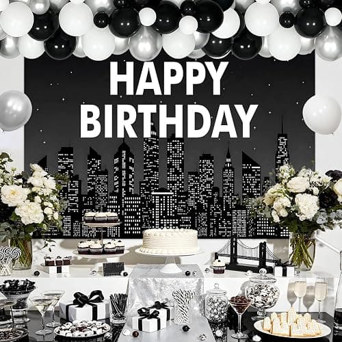 Cheerupp Black NYC Skyline Theme Happy Birthday Decorations Set | New York City Themed, NYC Skyscraper Design, Vinyl Backdrop, DIY Balloon Garland Kit, for Bday Party Decor thumbnail 2
