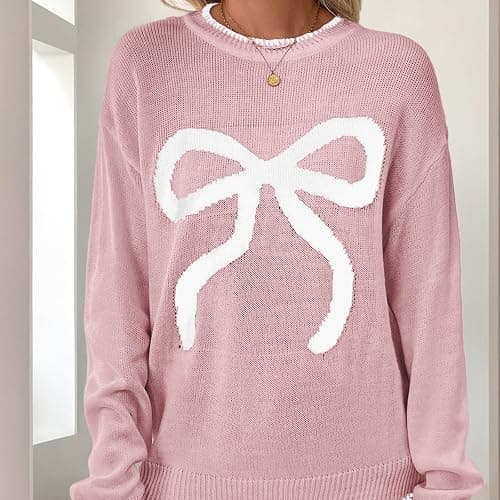 Women Bow Sweater Casual Crew Neck Long Sleeve Pullover Sweaters y2k Lightweight Knitted Jumper Tops Winter Clothing thumbnail 5