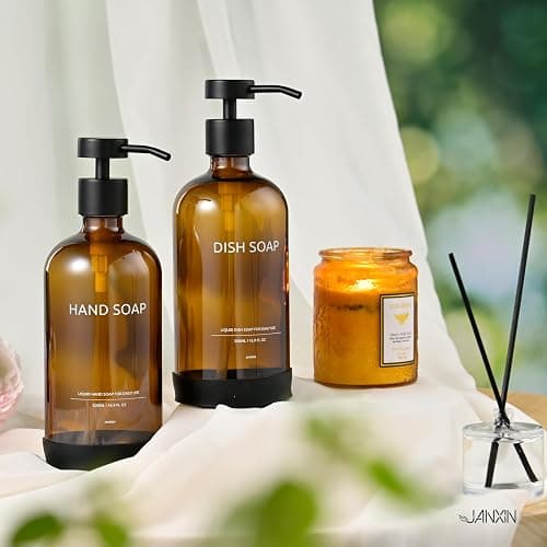 Janxin Glass Kitchen Soap Dispenser Set with Ceramic Tray,16.9 floz Hand and Dish Soap Dispenser for Kitchen and Bathroom Decor (Amber Bottles + Black Pumps) thumbnail 5