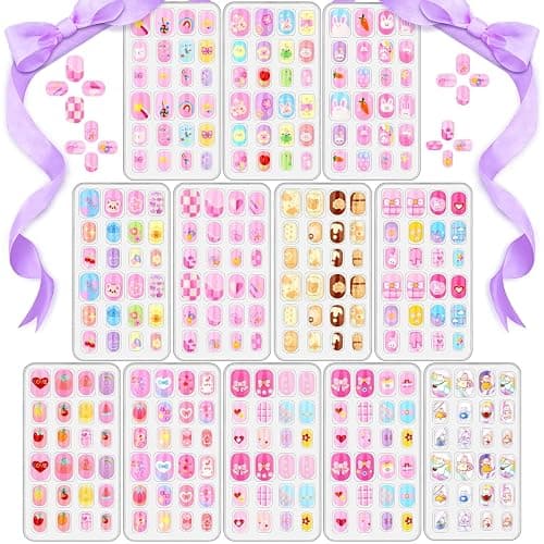 288 Pieces Kids Stick On Nails Girls, Acejoz Fake Nails Set Self Adhesive Press on Nails Tips for Little Girls Children 8-12 Year Kids Nail Decoration - Image 1