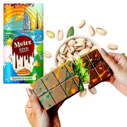 Meltz Premium Dubai Chocolate Bar 192g - Pistachio Kunafa Luxurious UEA Middle Eastern Delight - Milk Chocolate Pistachi KnaFeh - Perfect Dubai Sweets Treat Box Dairy Gift (pack of 1) thumbnail 5