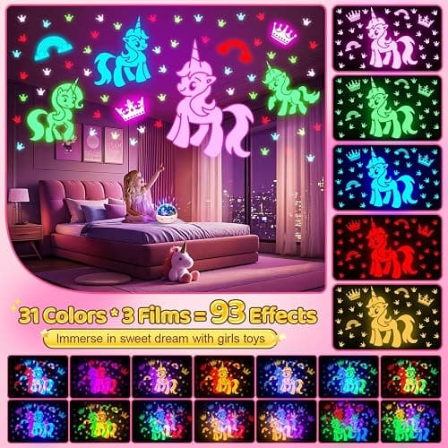 COOLNIGHT Unicorn Night Light Star Projector for Kids, 3 Films+93 Colors Kids Projector Night Light, 360° Rotating Stay All Night, Remote+Dimmable+Timer, Sleep Soother, Gift for Child or Grandchild thumbnail 3