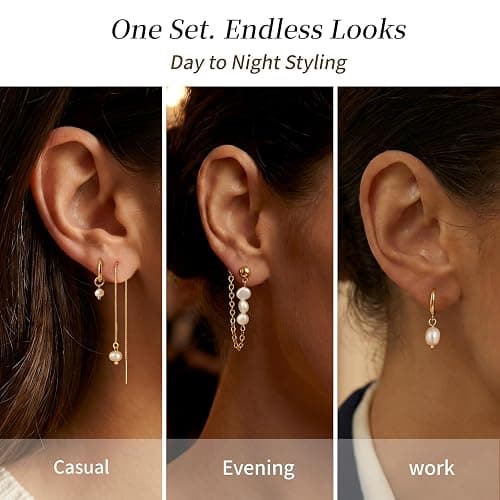 Pearl Earring Stacks for Women – Dainty 14K Gold Plated Hypoallergenic Hoop & Dangle Earrings Set thumbnail 5