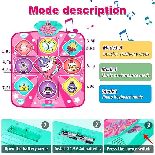 Unicorn Dance Mat for Girls, Dancing Game Pad B-day Gifts for Kids Ages 3+ | Pink Dance Pad with LED Lights, Adjustable Volume, Built-in Music, 5 Game Modes, Xmas B-day Gifts thumbnail 4