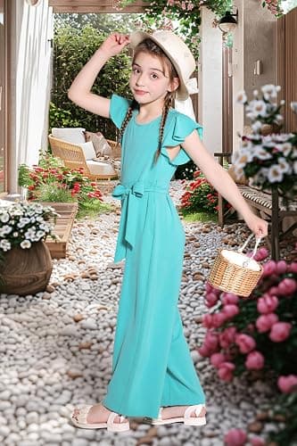 Hvididan Girls Jumpsuit Wide Leg Loose Ruffle Sleeve Crew Neck Rompers with Pockets Casual Fashion 5-14Y thumbnail 4
