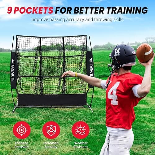 BAGAIL Football Throwing Net - 5 or 9 Target Pockets, Easy Setup, Heavy-Duty - Portable QB Accuracy Trainer, Fun Target Practice Net for Football with Carry Bag thumbnail 2