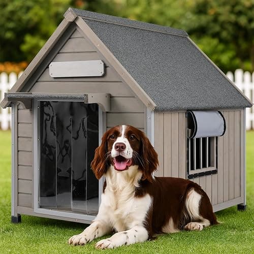Ketive Outdoor Dog House, Weather-Resistant Wooden Shelter, Up to 60 lb | Reinforced iron frame, sloped asphalt roof, PVC door flap, adjustable vent window and raised feet for patios and backyards. - Image 1