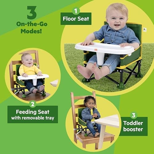Bright Starts John Deere Pop 'N Sit Portable Booster Chair, Floor Seat, Indoor/Outdoor Use, Compact Fold, Green and Yellow, 6 Mos - 3 Yrs thumbnail 4