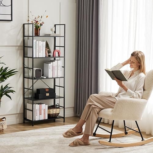 Sweetcrispy Book Shelf, 5 Tier Bookcase, Modern Tall Bookshelf for Garage Kit, CDs, Movies, Industrial Corner Storage Organizer for Bedroom Home Office Kitchen Living Room, Black thumbnail 2