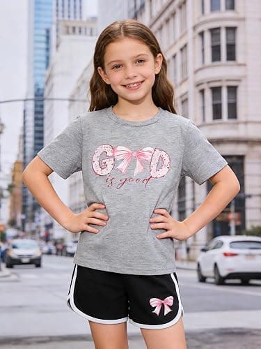 FJLSJSW Girls Clothes 2PCS Outfits Bow Letter t Shirt & Shorts Cute Summer Girls' Clothing Sets Teen Girl Clothes 7-14Y thumbnail 2
