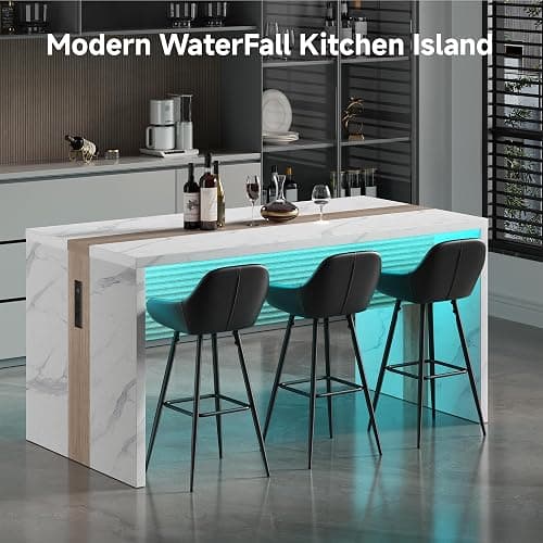 63" Large Island Table for Kitchen with Charging Station,Faux Marble Wooden Dining Table for 4-6 People,Modern Luxury Kitchen Island with Multi-Color LED Mood Lighting & Stylish Grill Design thumbnail 5