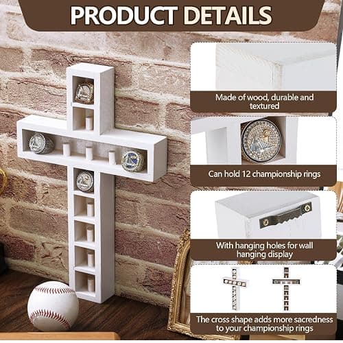 Teenyyou Baseball Ring Holder Display Case 12 Posts Softball Championship Ring Holder 9 x 14 Inches Wall Mount Cross Wooden Shadow Box for Storing Sports Champion Souvenirs thumbnail 4