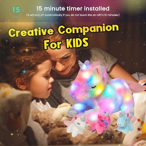 Hopearl LED Plush Unicorn Lighting Up Stuffed Mommy Unicorn with 3 Baby Unicorns in her Tummy Stuffed Animal Playset Night Lights Glow in The Dark for Mom Toddler Girls, Rainbow, 19'' thumbnail 7