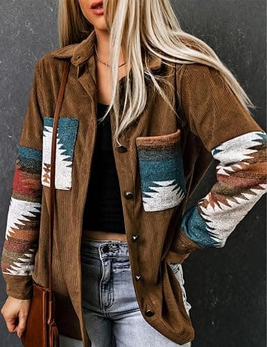 Perbai Womens Corduroy Flannel Shirt Long Sleeve Button Down Aztec Loose Shacket Jacket with Pockets thumbnail 3