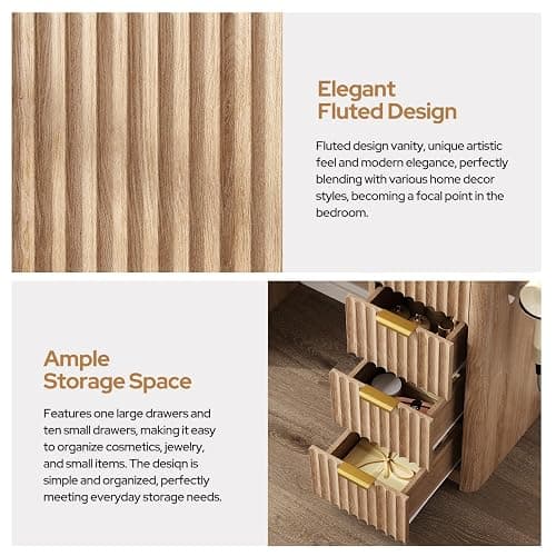 47" Fluted Vanity Desk with 42" Mirror & LED Lights, Large 9 Drawers Makeup Vanity Table with Tempered Glass Top & Charging Station, Waterfall Edge Design for Women&Girls, Bedroom or Dorm, Natural Oak thumbnail 7