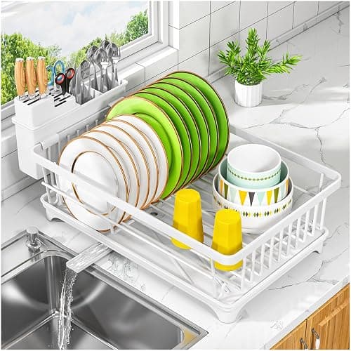 Kmiectse Dish Drying Rack for Small Kitchen Counter with Utensil Holder | Space Saving, Rust Resistant, Quick Drainage Dish Rack, Compact Dish Drainer Organizer for Home Kitchen, White - Image 1