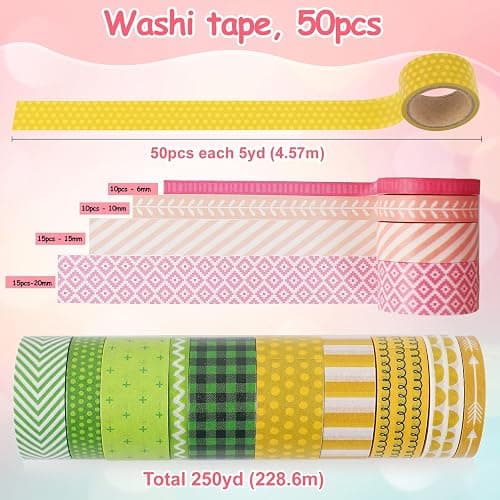 KEVIN&SASA CRAFTS 50 Rolls Washi Tape Set | Decorative Adhesive Tape, For Scrapbook, Arts & Crafts, Journals, and Planners, Each Roll 5yd, Total 250yd thumbnail 2