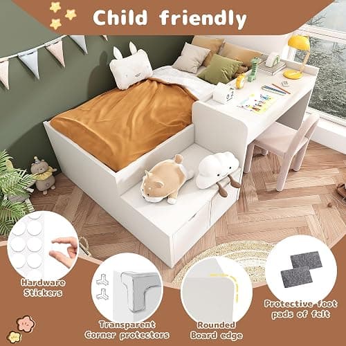 Merax Bunk Beds, Kids Single Wooden Storage Bed with Desk and Drawers, with Slatted Frame, Lying Surface for Teenagers & Adults, White, 90 x190 cm thumbnail 6