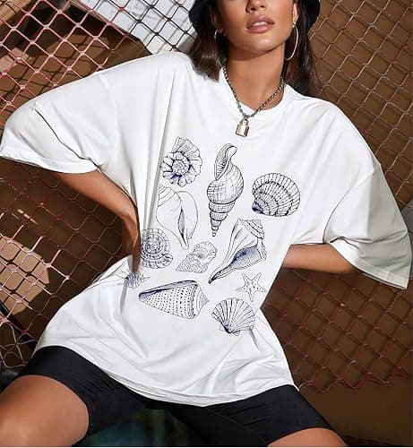 Oversized Graphic Tshirt for Teens Women Cute Floral Ocean Print Baggy Tops Summer Beach Vintage Aesthetic Coastal Tee thumbnail 4