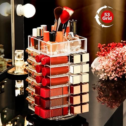 FODIENS Acrylic Lipstick Tower, Rotating Lipstick Organizer with 53 Slots | 360-Degree Rotating Makeup Cosmetic Lipstick Holder, Clear Spinning Lipgloss Storage Display Stand thumbnail 2