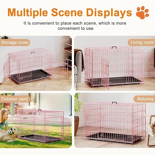 FDW Dog Crate 36inch Dog Cage Foldable Metal Kennel with Leakproof Tray Foldable Design Indoor Outdoor Use for Medium Dogs,Pink thumbnail 5