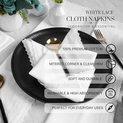 FINGERCRAFT Lace Cloth Napkins, 100% Cotton, 12 Pack, 20x20 Inch, White | Premium Crochet lace, mitered Corners, Pre-Shrunk, absorbent, suits everyday use, farmhouse, weddings, Christmas dinner thumbnail 7