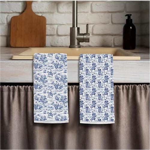Elefeltclave Chinoiserie Western Cowboy Cowgirl Kitchen Towels, Blue and White Floral Dish Tea Towels for Kitchen, Grandmillennial Vintage Toile Decorative Hand Towel for Bathroom, 16x24 Inch Set of 2 thumbnail 4