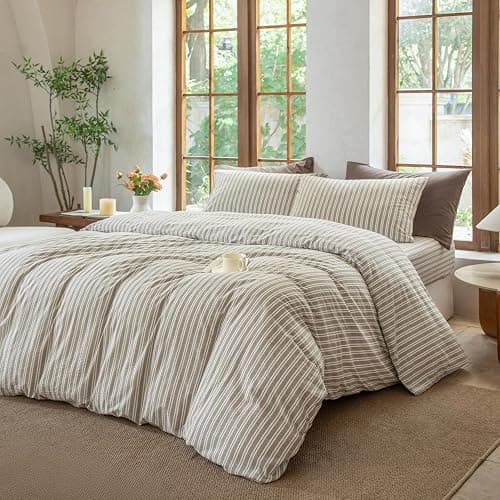 BESTDESIL Striped Duvet Cover Set, 100% Washed Cotton Bedding King Size, Stripes Pattern Printed Comforter Cover with Zipper Closure(Linen Grey,King Size) thumbnail 3