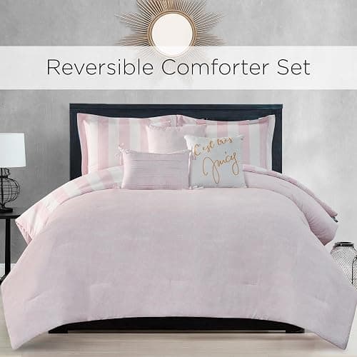 Juicy Couture Cabana Stripe Reversible Bedding Set - Queen/Full Size - Dogwood Pink/White Stripe Print – 6 Piece Set – Includes 1 90" x 90" Comforter, 3 Decorative Pillows, 2 Shams thumbnail 2