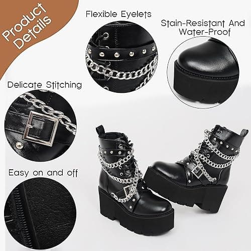 QPAO Women's Fashion Goth Boots,Black Chunky Platform Combat Ankle Booties Zipper Punk Boots Mid Calf Boots for Women thumbnail 4