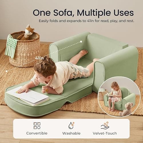 Tiny Land 2-in-1 Foldable Kids Couch with Pockets – Soft Thick Toddler Sofa, Lounger Couch, Convertible Kids Chair for Playroom, Bedroom or Living Room, Gift for Boys & Girls(Green) thumbnail 2