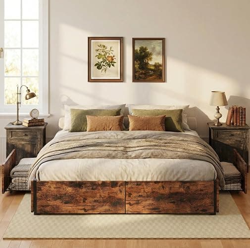 LIKIMIO Queen Bed Frame with Storage, 4 Drawers and Heavy Strong Metal Support Frames, Solid Stable, Noise-Free, No Box Spring Needed, Easy Assembly, Vintage Brown thumbnail 3
