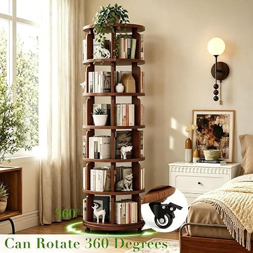 Azlafu 6 Tier 360° Rotating Solid Wood Bookshelf with Wheels, Lazy Susan Circular Spinning Revolving Corner Bookcase, Freestanding Storage Shelf for Bedroom Small Space, Walnut thumbnail 3