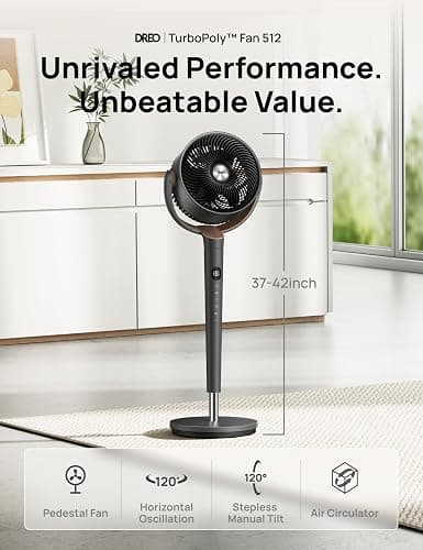 Dreo Fan for Bedroom, 120° Oscillating Standing Fans, Quiet Floor Fan with DC Motor, 100ft Pedestal Fans for Room, 9 Speeds, 4 modes, 20dB, 120° Manual Vertical, 37-42" Adjustable Height, 9H Timer thumbnail 2
