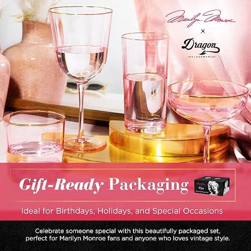 Dragon Glassware x Marilyn Monroe Pink Drinkware Set of 4 - Includes Wine, Martini, Whiskey & Drinking Glasses - Marilyn Monroe Gifts for Women - Pink Glassware Set thumbnail 7