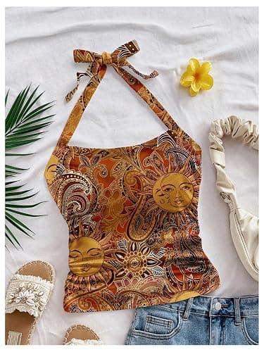 BEAUDRM Women's Paisley Halter Tops Boho Tie Back Fitted Vintage Camisole Tops thumbnail 3