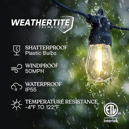 Brightech Ambience Pro Solar Powered Outdoor String Lights, 48 ft Commercial Grade Waterproof Patio Lights, 15 Edison Bulbs, Shatterproof LED String Lights for Outside, Porch - 1W Soft White thumbnail 2