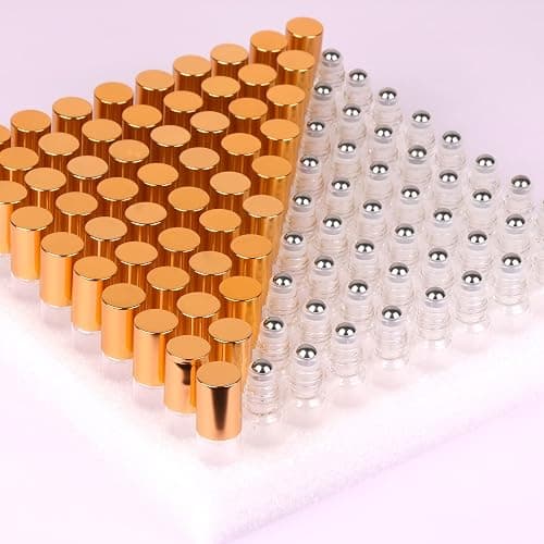 MaxMau Pack of 100,5ml Clear Glass Roll on Bottle Essential Oil Roller Bottles with Stainless Steel Roller Balls and Golden Painted Lids for Daily Aromatherapy Sample Test Travel - Image 1