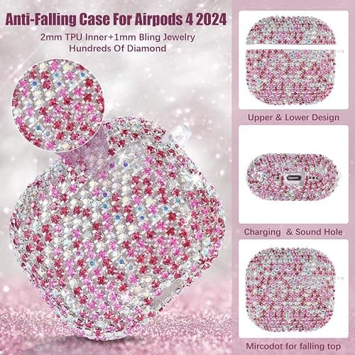 VISOOM Bling Jewelry Case for Airpods 4 Cases 2024 Cover Women, Sparkly Diamond Air Pods 4 Gen Case Glitter Rhinestone Airpod Case 4th Generation iPods 4 Case with Keychain for iPod Earbud Airpod 4th thumbnail 5