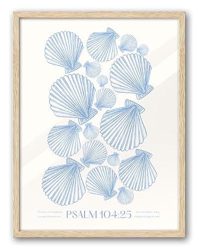 EcoHest Christian Bible Verse Framed Wall Art, 12x16 in OAK Wood Trendy Seashell Nautical Scripture Quote Canvas Wall Art, Psalm 104:25 Home Decor, Beige Logs Set of 1 for Bedroom Living Room - Image 1