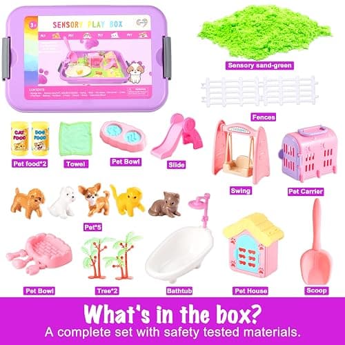 Carolart Pet Sensory bin,Dog and Cat Sandbox for Kids,Kids Play Sand Kit,Pet Play Set with Sensory Sand,Pet Care Play Set,Role Pretend Play Beach Toy Birthday Gift for Girls Boys 3 4 5 6 Years Old thumbnail 4
