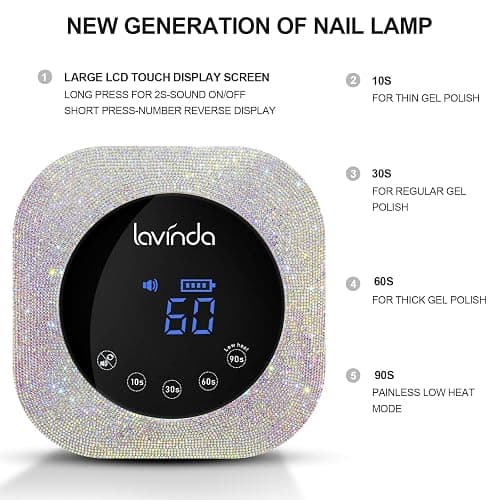 Lavinda UV LED Nail Lamp, 54W Rechargeable Cordless Nail Lamp Nail Dryer Gel Polish UV Nail Light with 4 Timer Setting, Professional Quick Dry Curing Lamp with Display Auto Sensor for Salon & Home thumbnail 3