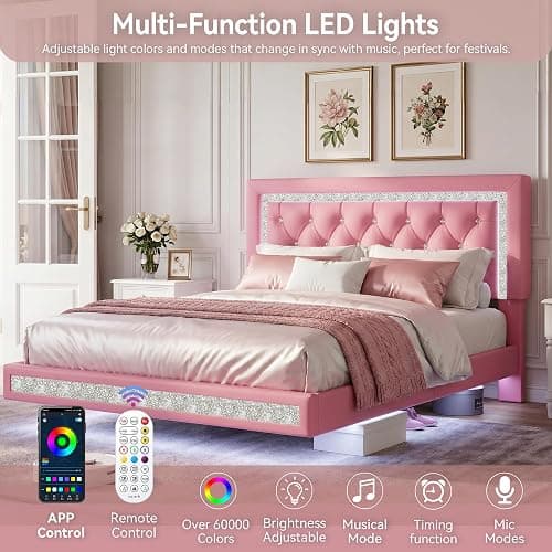 FreeHouse Floating Bed Frame Queen with LED Lights, Faux Leather Upholstered Bed Frame with Diamond Tufted Headboard, Solid Wood Slats, Noise Free, No Box Spring Needed, Easy Assembly,Pink thumbnail 3