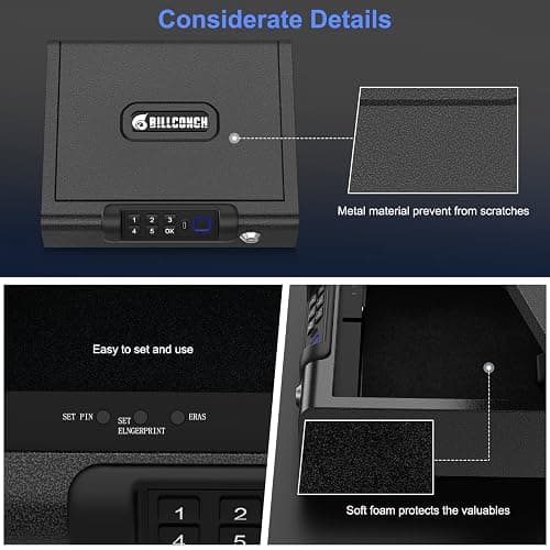 Biometric Gun Safe for Pistols 3-Ways unlock Fingerprint Digital PIN Key Unlock Handgun Safe with Sound, Lock box for Cloakroom living room Bedroom Nightstand and Car BILLCONCH thumbnail 5
