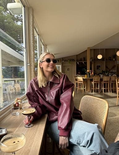 EsheSy Women's Oversized Leather Jacket Faux Suede Boyfriend Motorcycle Full Zip Bomber Jacket thumbnail 6