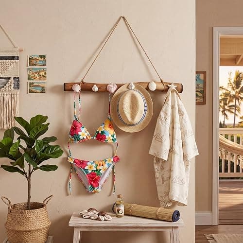 Kathfly 22 Inch Bikini Wall Hook Rack Wooden Beach Seashell Wall Mounted Hook Natural Driftwood Bikini Rack Branch Swimsuit Organizer for Farmhouse Home Bathrooms Hanging Decors thumbnail 7