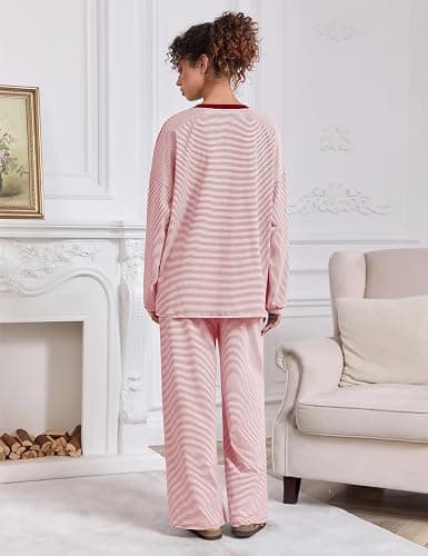MISSACTIVER Women's 2 Piece Striped Lounge Set Long Sleeve Oversized T-Shirt Wide Leg Pants Matching Pajamas Set thumbnail 3