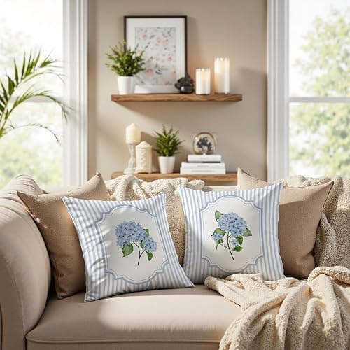 ZNGFON Vintage Blue and White Striped Hydrangea Floral Pillow Covers 18x18 Set of 2, Floral Room Decor, Rustic Blue and White Striped Botanical Flower Pillow Covers Decor thumbnail 2